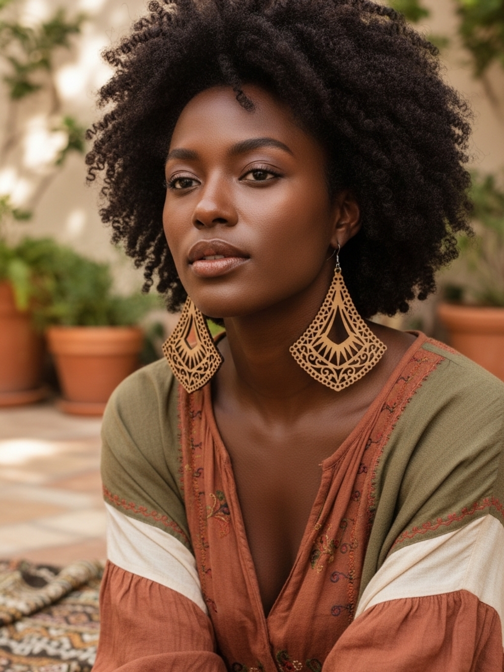 Intricate Teardrop Carved Wood Earrings in Natural Brown